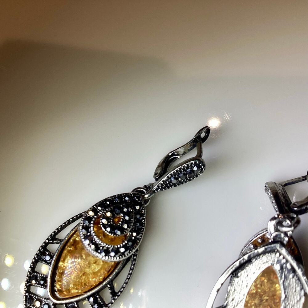 Amber Toned Stone and Dark Crystals Drop Earrings - Picture 7 of 8
